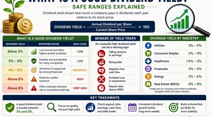 What Is a Good Dividend Yield infographic showing safe dividend yield ranges and dividend investing tips