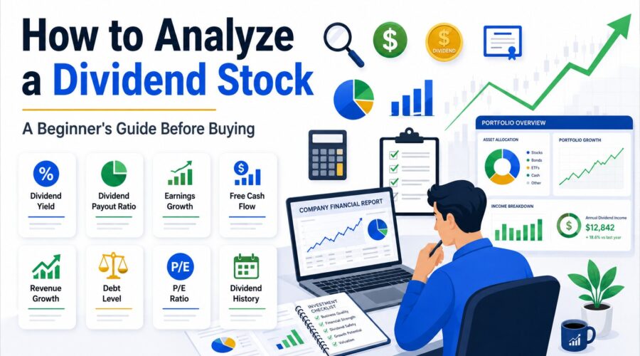 How to Analyze a Dividend Stock infographic explaining dividend yield, payout ratio, earnings growth, cash flow, debt, valuation, and key financial metrics before investing.