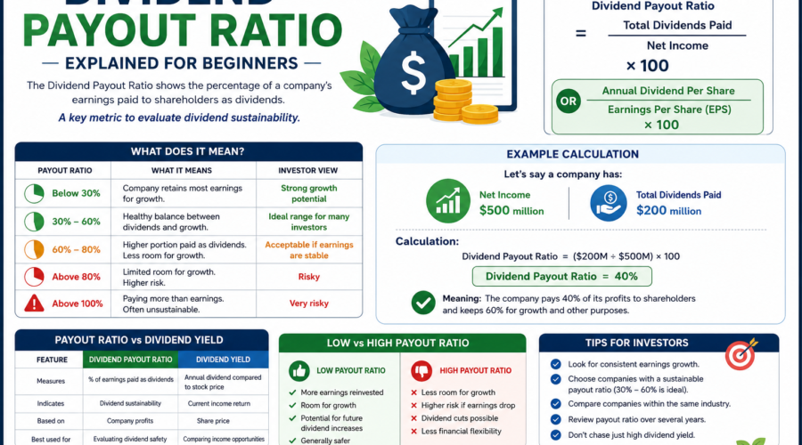 Dividend Payout Ratio infographic explaining how to calculate the payout ratio and why it matters for dividend investors.