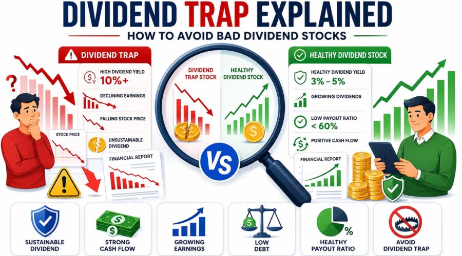 Dividend Trap infographic explaining warning signs, high dividend yield risks, payout ratio analysis, declining earnings, and tips to avoid bad dividend stocks.