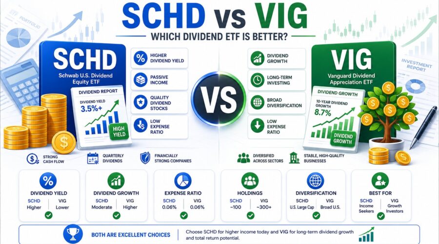 SCHD vs VIG comparison infographic showing dividend yield, dividend growth, expense ratio, holdings, diversification, and which dividend ETF is better for passive income and long-term investing.